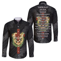 Hawaii Ka Pule a ka Haku Memorial Family Matching Off Shoulder Short Dress and Hawaiian Shirt Flower Lei Cross - Black LT7 Dad's Shirt - Long Sleeve Black - Polynesian Pride
