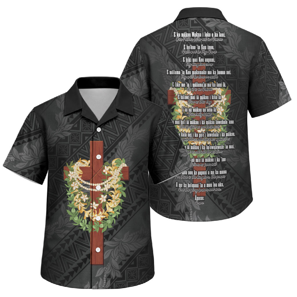 Hawaii Ka Pule a ka Haku Memorial Family Matching Off Shoulder Short Dress and Hawaiian Shirt Flower Lei Cross - Black LT7 Son's Shirt Black - Polynesian Pride
