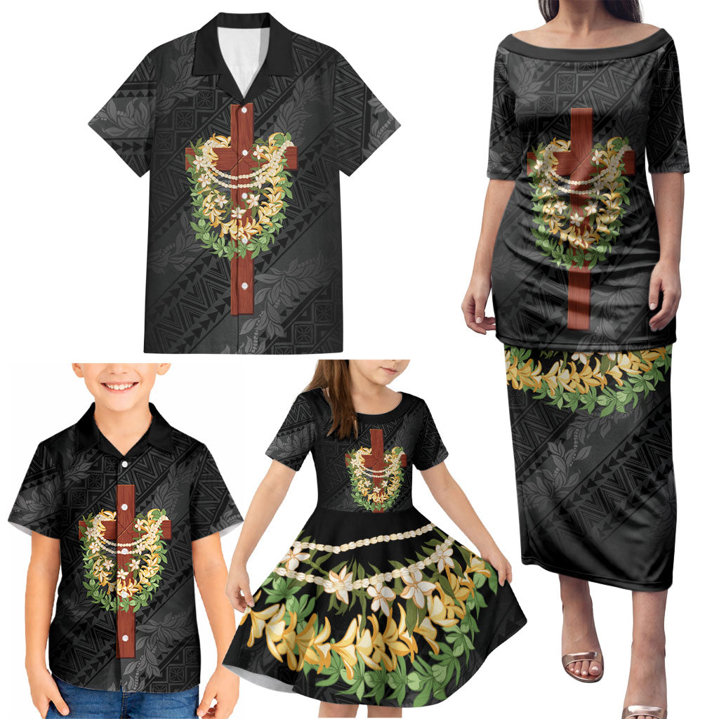 Hawaii Ka Pule a ka Haku Memorial Family Matching Puletasi and Hawaiian Shirt Flower Lei Cross - Black LT7 - Polynesian Pride