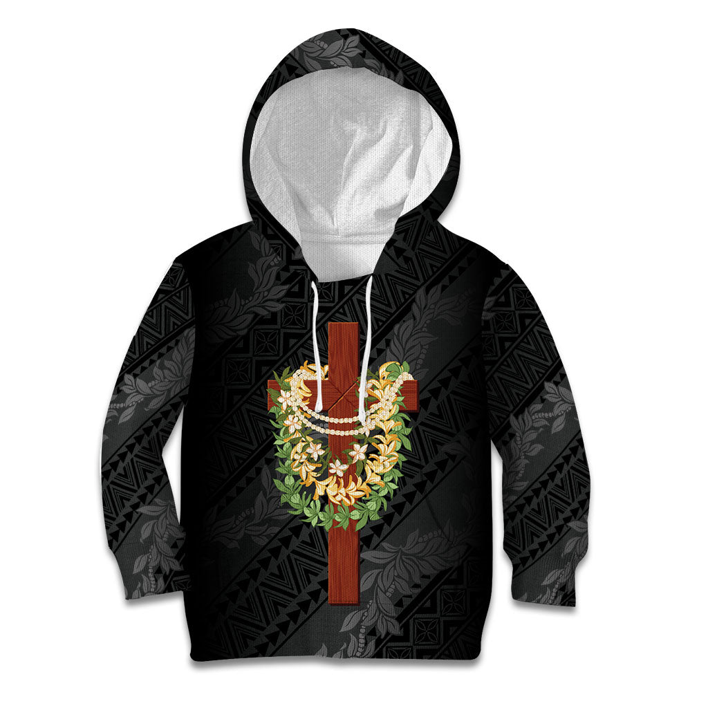 Hawaii Ka Pule a ka Haku Memorial Kid Hoodie Flower Lei Cross - Black LT7 Hoodie Black - Polynesian Pride
