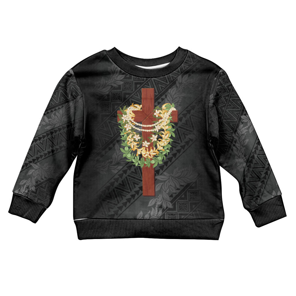 Hawaii ⁠Ka Pule a ka Haku Memorial Kid Ugly Christmas Sweater Flower Lei Cross - Black