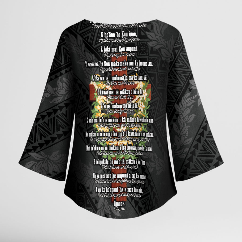 Hawaii Ka Pule a ka Haku Memorial Kimono Sleeve Blouse Flower Lei Cross - Black LT7 - Polynesian Pride