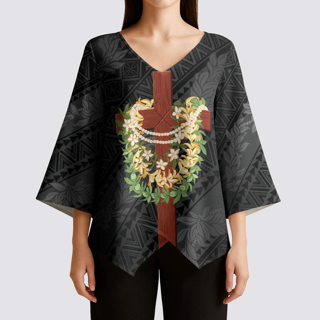Hawaii Ka Pule a ka Haku Memorial Kimono Sleeve Blouse Flower Lei Cross - Black LT7 - Polynesian Pride