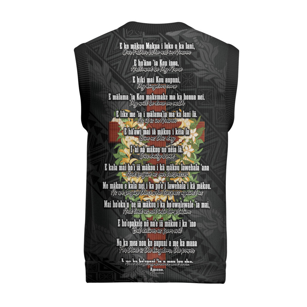 Hawaii ⁠Ka Pule a ka Haku Memorial Christmas Knitted V-Neck Vest Flower Lei Cross - Black