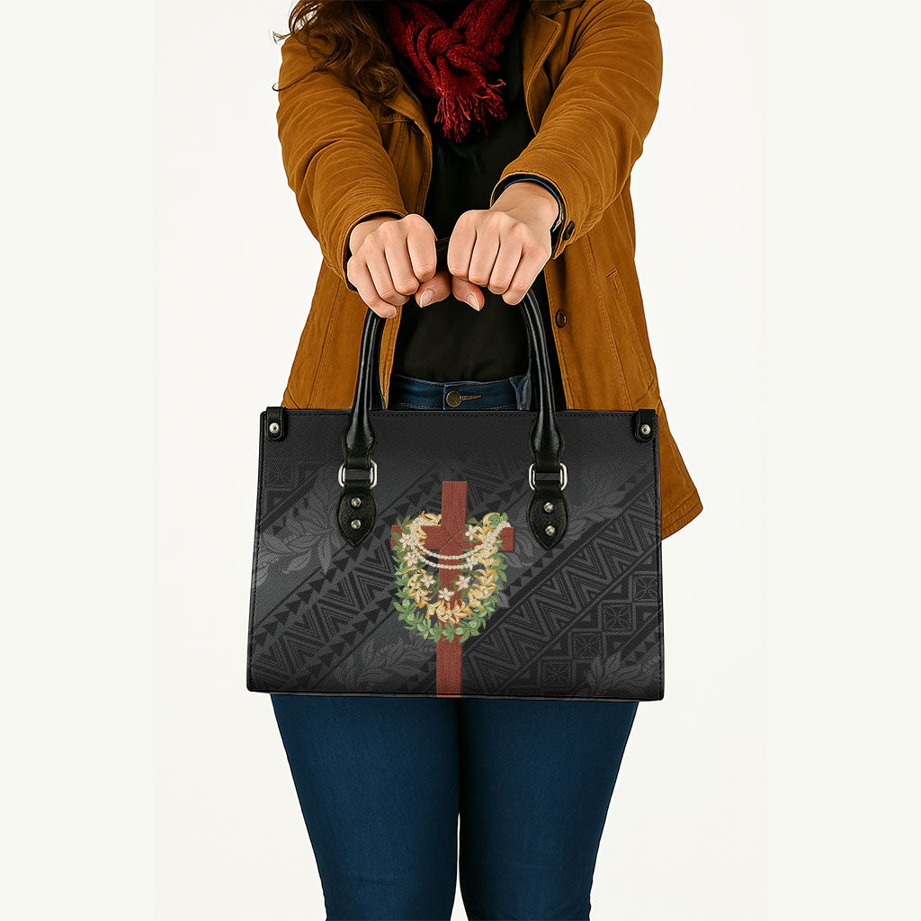 Hawaii Ka Pule a ka Haku Memorial Leather Bag Flower Lei Cross - Black LT7 - Polynesian Pride