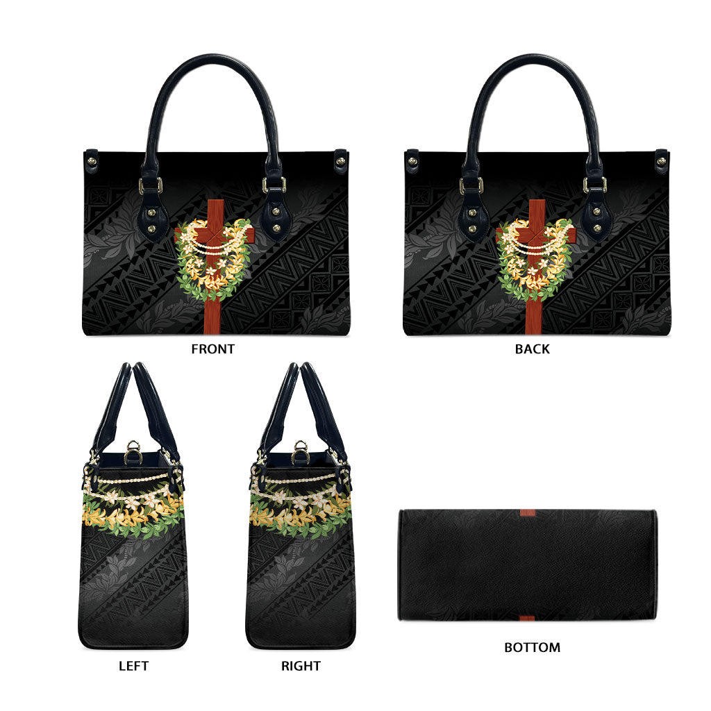 Hawaii Ka Pule a ka Haku Memorial Leather Bag Flower Lei Cross - Black LT7 - Polynesian Pride