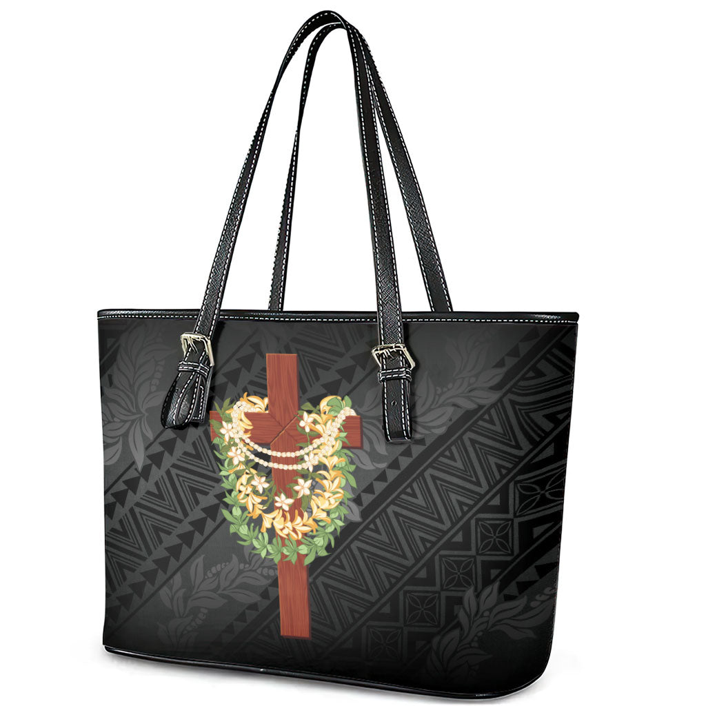 Hawaii Ka Pule a ka Haku Memorial Leather Tote Bag Flower Lei Cross - Black LT7 - Polynesian Pride