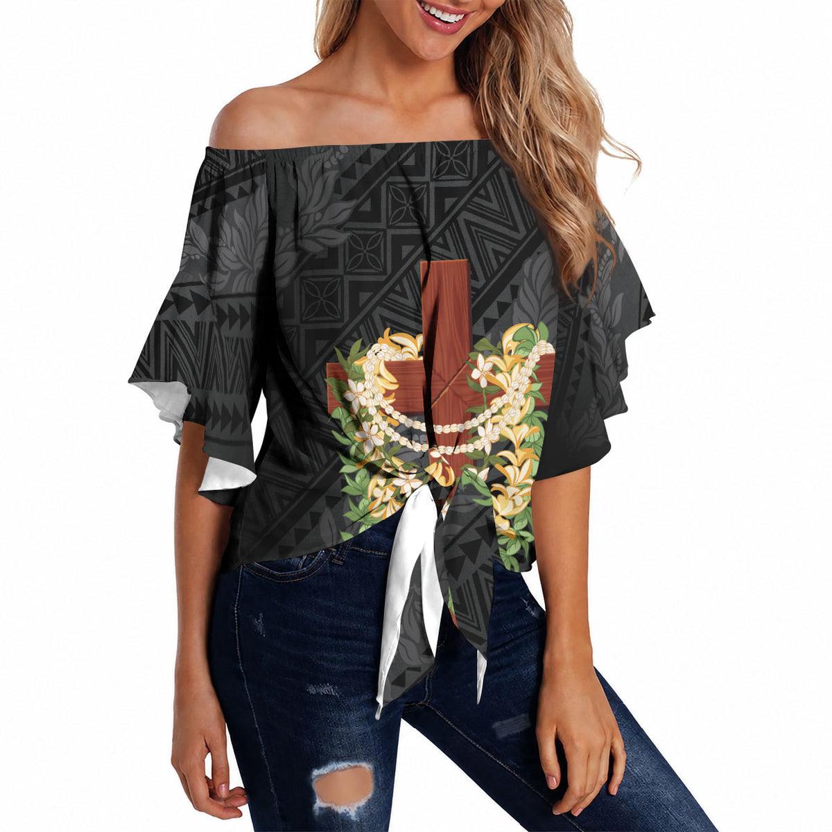 Hawaii Ka Pule a ka Haku Memorial Off Shoulder Wrap Waist Top Flower Lei Cross - Black LT7 Black - Polynesian Pride