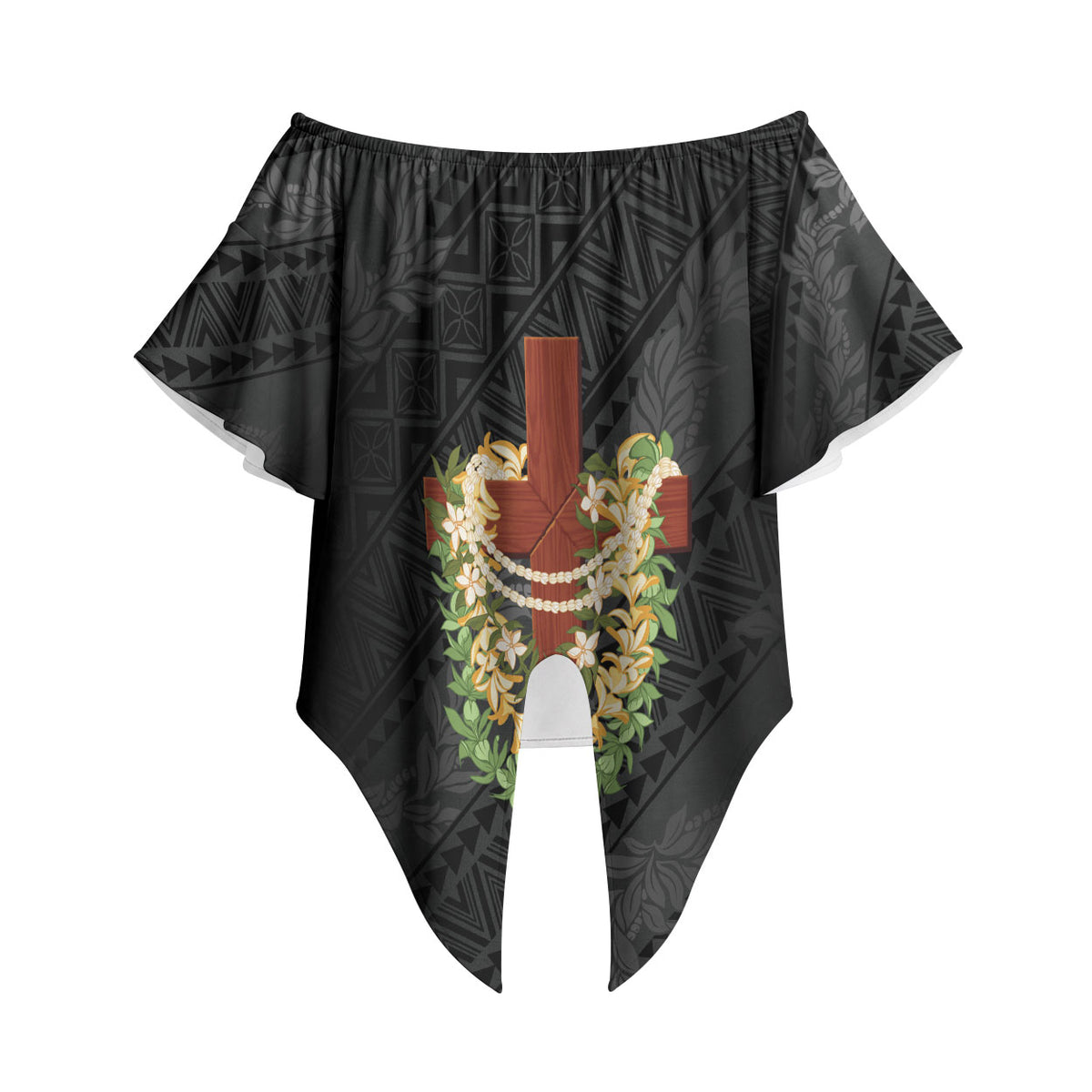 Hawaii Ka Pule a ka Haku Memorial Off Shoulder Wrap Waist Top Flower Lei Cross - Black LT7 - Polynesian Pride