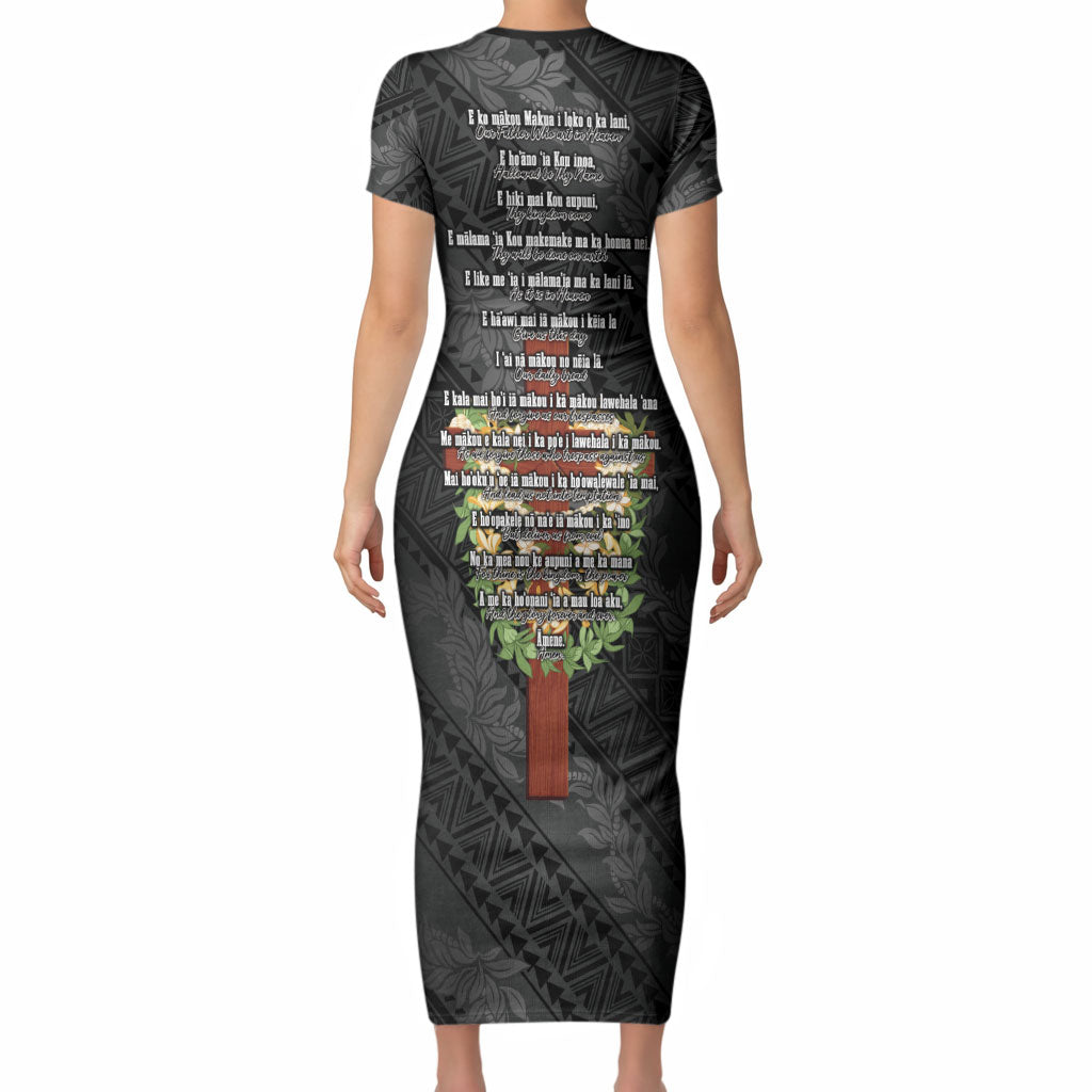 Hawaii Ka Pule a ka Haku Memorial Short Sleeve Bodycon Dress Flower Lei Cross - Black LT7 - Polynesian Pride