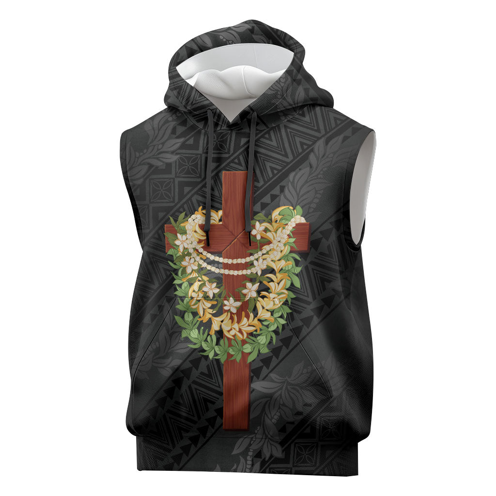 Hawaii Ka Pule a ka Haku Memorial Sleeveless Hoodie Flower Lei Cross - Black LT7 Black - Polynesian Pride