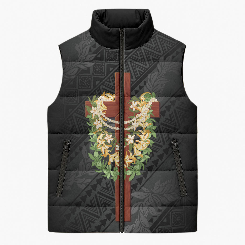 Hawaii Ka Pule a ka Haku Memorial Sleeveless Puffer Jacket Flower Lei Cross - Black LT7 Unisex Black - Polynesian Pride