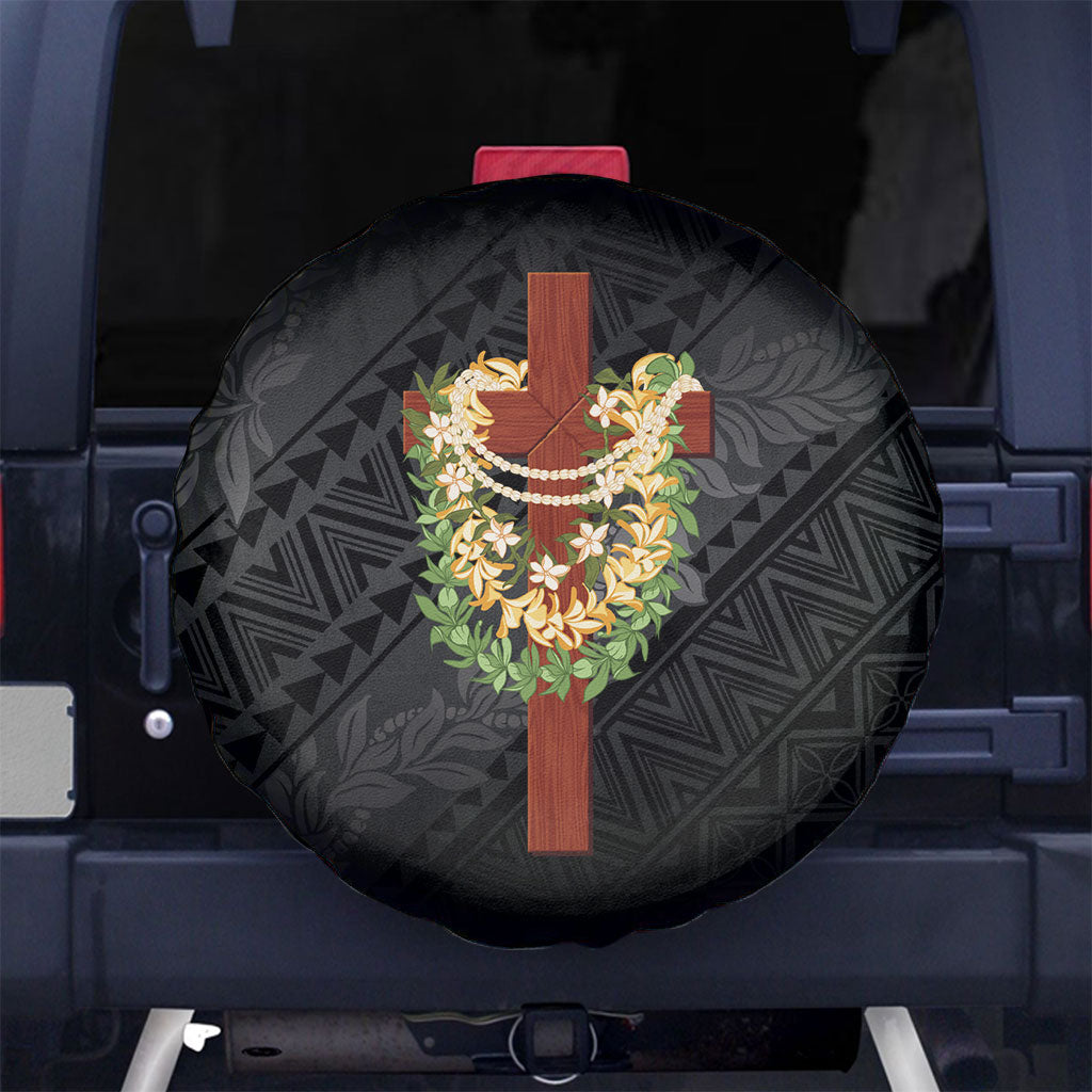 Hawaii Ka Pule a ka Haku Memorial Spare Tire Cover Flower Lei Cross - Black LT7 No hole Black - Polynesian Pride