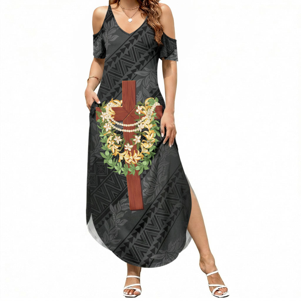 Hawaii Ka Pule a ka Haku Memorial Summer Maxi Dress Flower Lei Cross - Black LT7 Women Black - Polynesian Pride