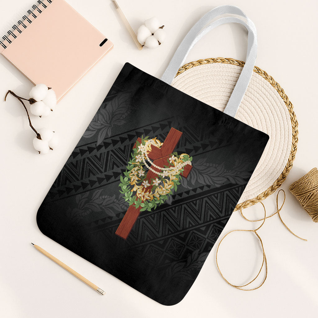 Hawaii Ka Pule a ka Haku Memorial Tote Bag Flower Lei Cross - Black LT7 White Strap One Size Black - Polynesian Pride