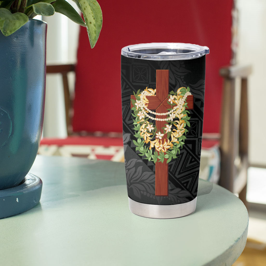Hawaii Ka Pule a ka Haku Memorial Tumbler Cup Flower Lei Cross - Black LT7 - Polynesian Pride