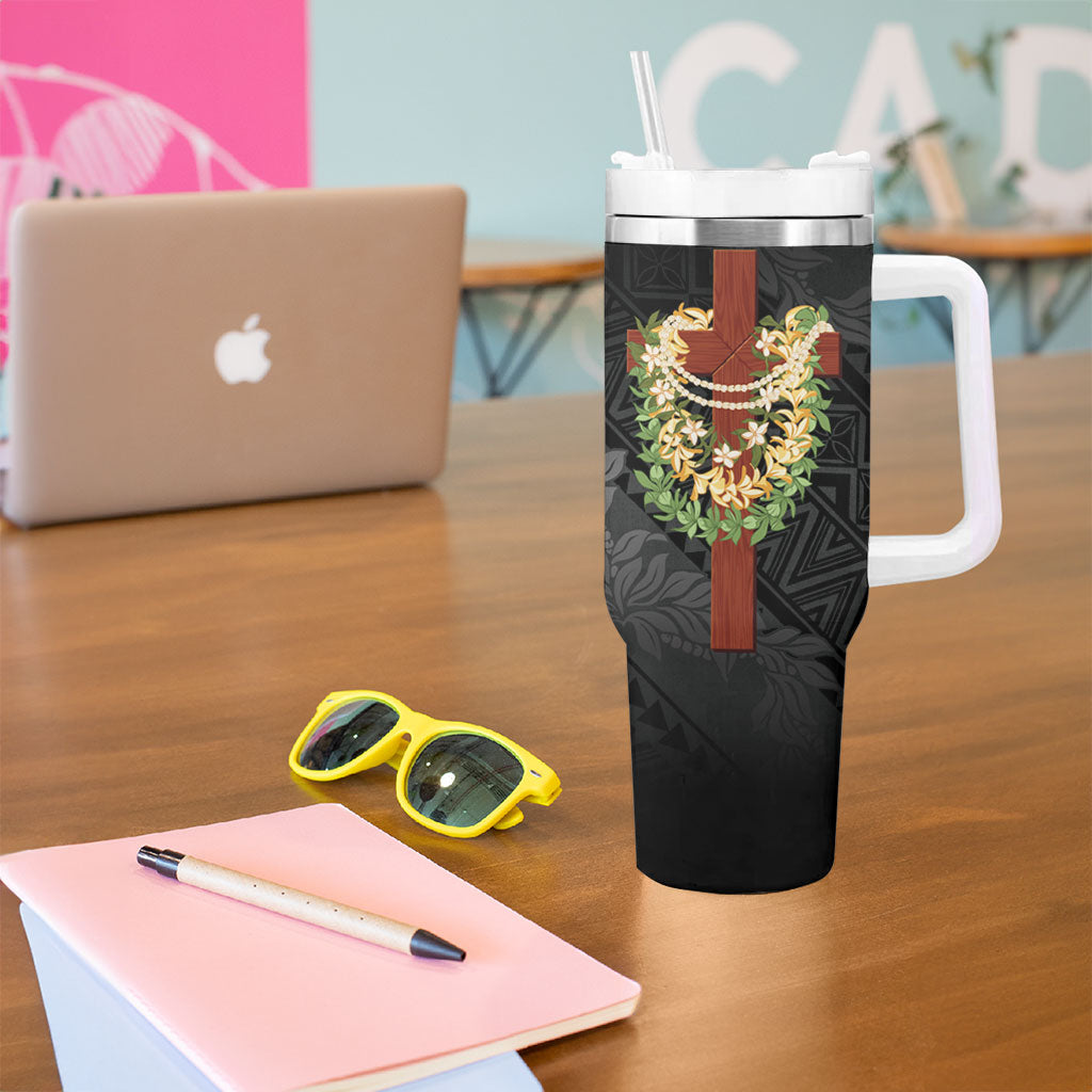 Hawaii Ka Pule a ka Haku Memorial Tumbler With Handle Flower Lei Cross - Black LT7 - Polynesian Pride