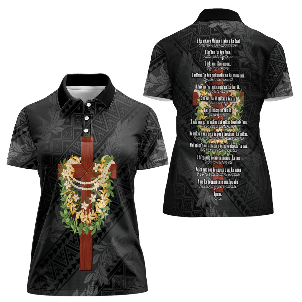 Hawaii Ka Pule a ka Haku Memorial Women Polo Shirt Flower Lei Cross - Black LT7 - Polynesian Pride