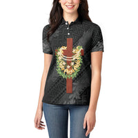 Hawaii Ka Pule a ka Haku Memorial Women Polo Shirt Flower Lei Cross - Black LT7 - Polynesian Pride