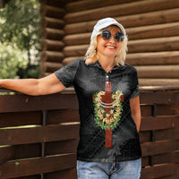 Hawaii Ka Pule a ka Haku Memorial Women Polo Shirt Flower Lei Cross - Black LT7 - Polynesian Pride
