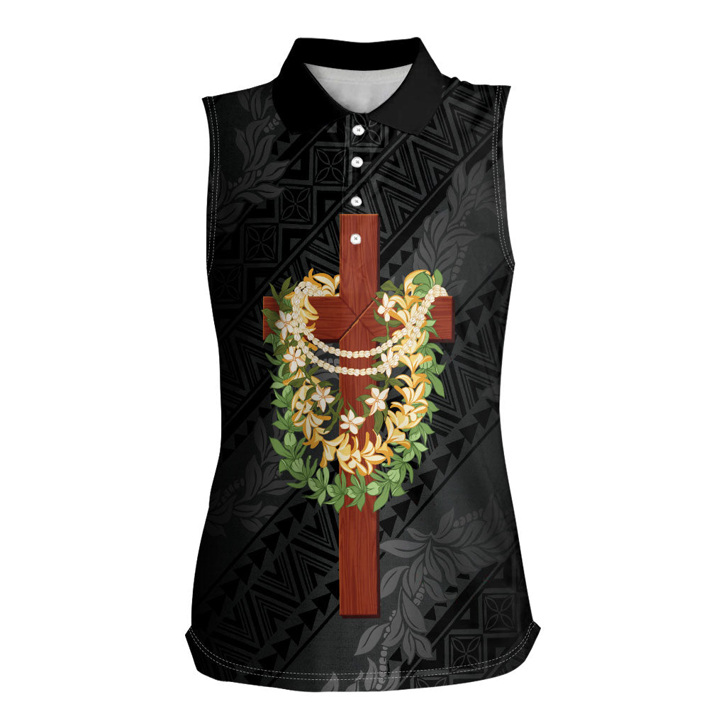 Hawaii Ka Pule a ka Haku Memorial Women Sleeveless Polo Shirt Flower Lei Cross - Black LT7 Female Black - Polynesian Pride