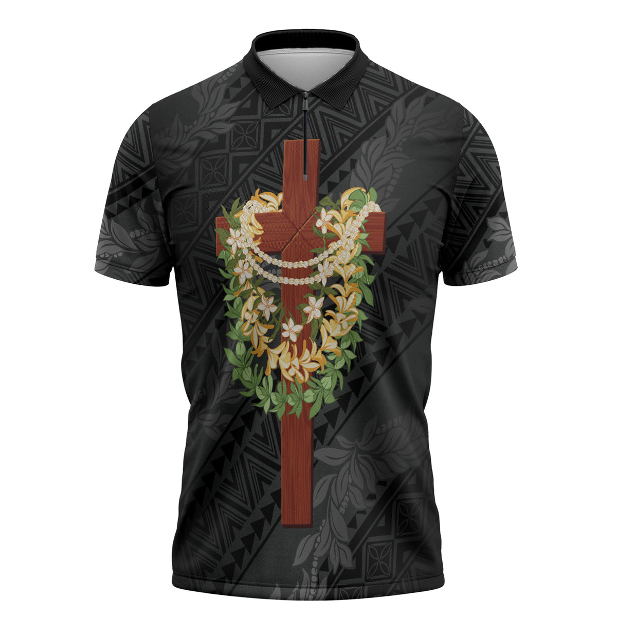 Hawaii Ka Pule a ka Haku Memorial Zipper Polo Shirt Flower Lei Cross - Black LT7 Black - Polynesian Pride