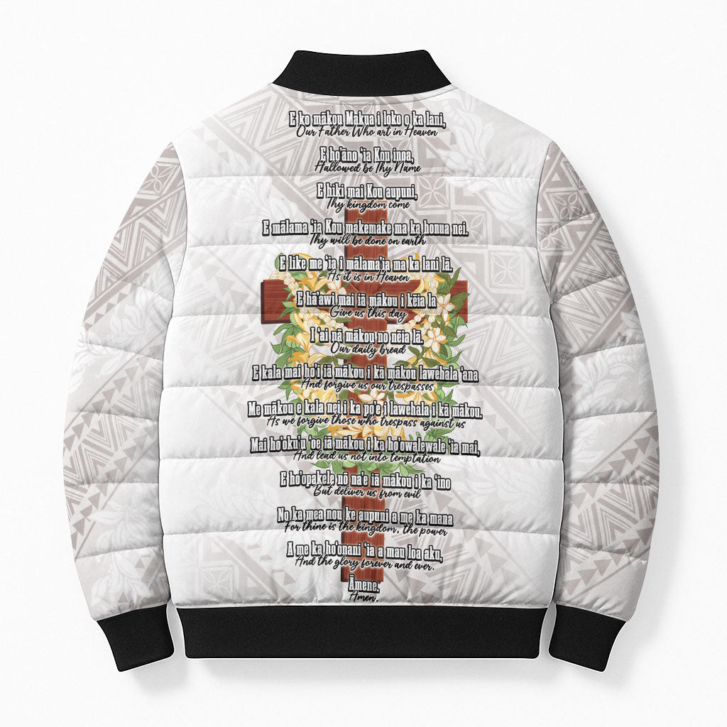 Hawaii Ka Pule a ka Haku Memorial Bomber Puffer Jacket Flower Lei Cross - Ivory White LT7 - Polynesian Pride