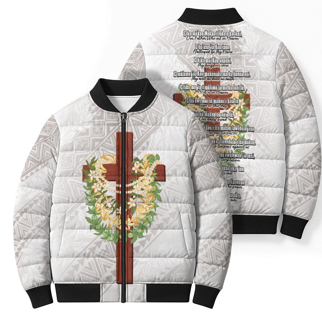 Hawaii Ka Pule a ka Haku Memorial Bomber Puffer Jacket Flower Lei Cross - Ivory White LT7 - Polynesian Pride