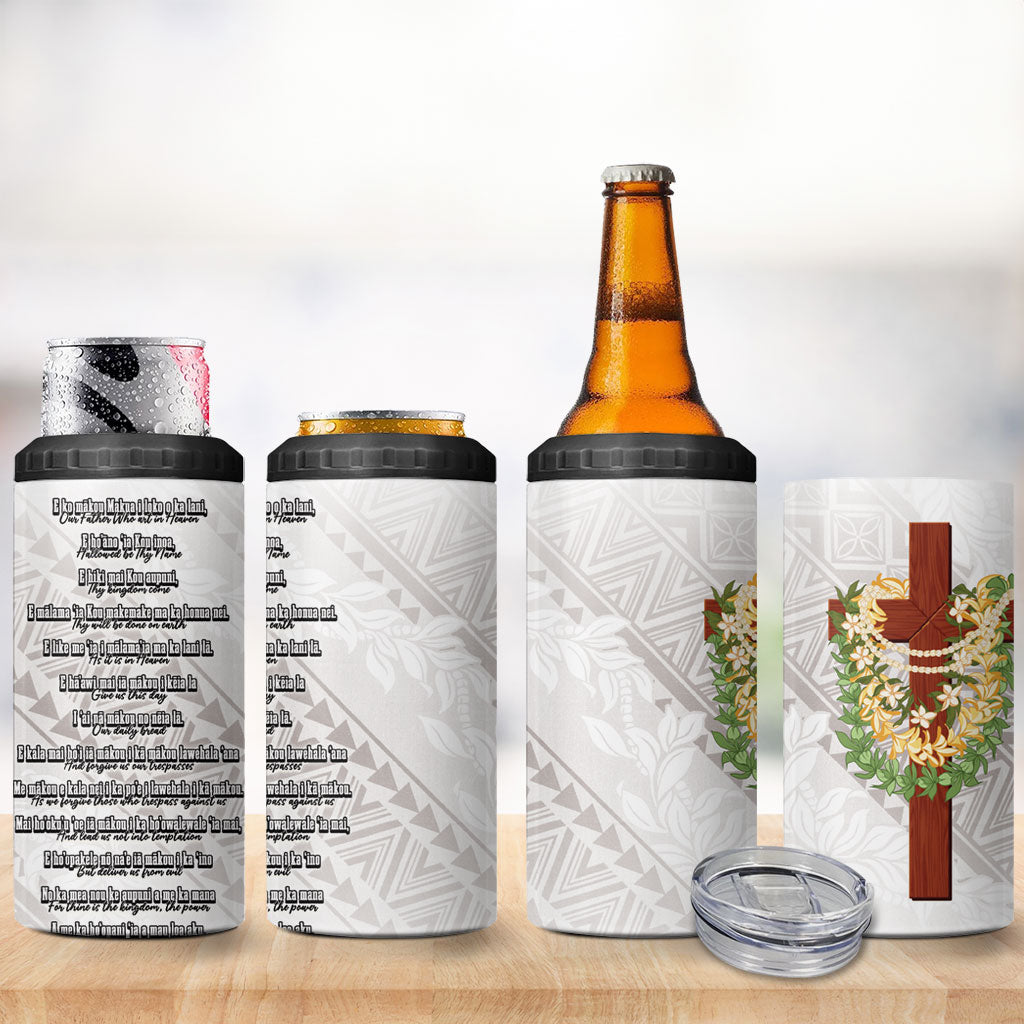Hawaii Ka Pule a ka Haku Memorial 4 in 1 Can Cooler Tumbler Flower Lei Cross - Ivory White LT7 - Polynesian Pride