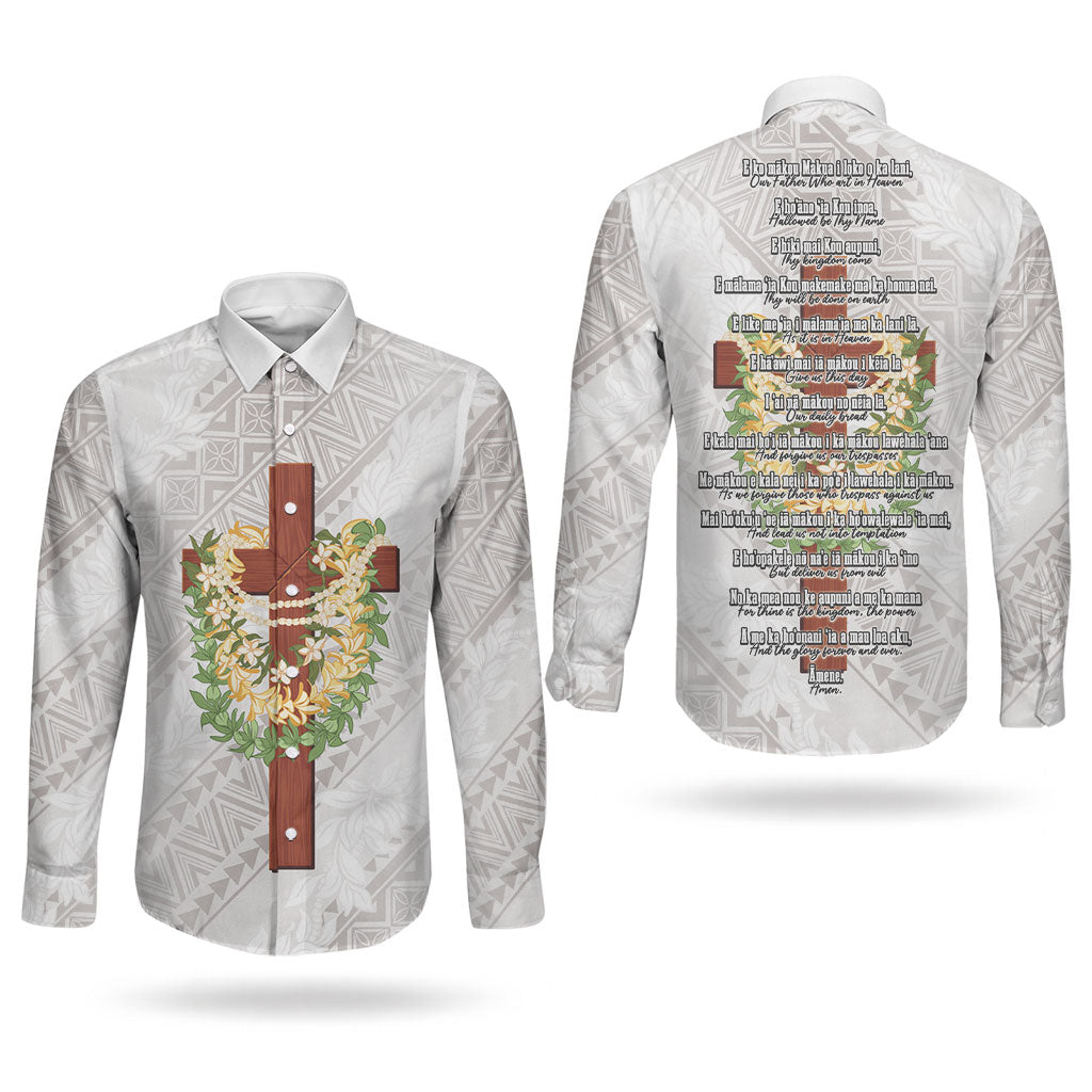 Hawaii Ka Pule a ka Haku Memorial Couples Matching Long Sleeve Bodycon Dress and Long Sleeve Button Shirt Flower Lei Cross - Ivory White LT7 - Polynesian Pride