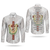 Hawaii Ka Pule a ka Haku Memorial Couples Matching Long Sleeve Bodycon Dress and Long Sleeve Button Shirt Flower Lei Cross - Ivory White LT7 - Polynesian Pride