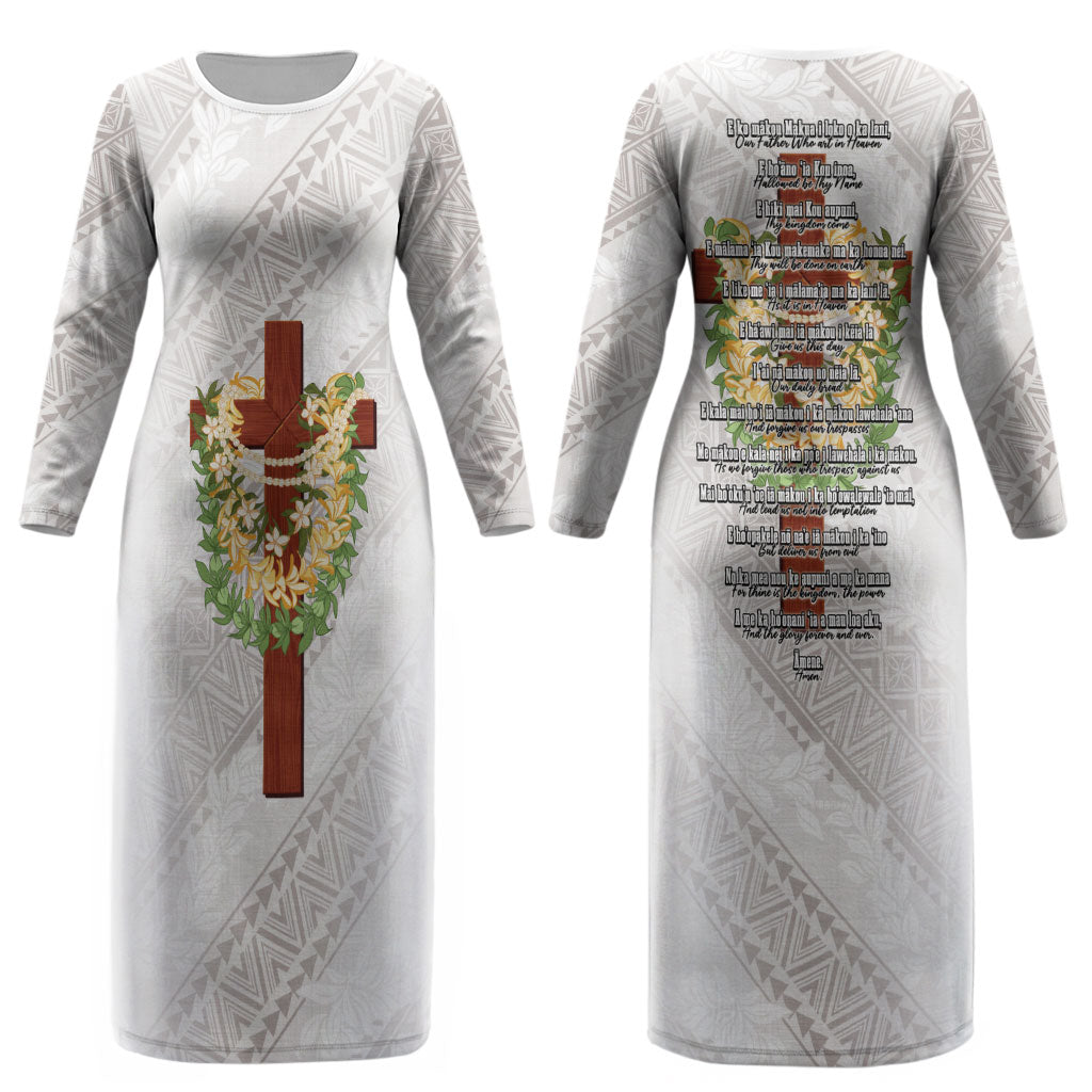 Hawaii Ka Pule a ka Haku Memorial Couples Matching Long Sleeve Bodycon Dress and Long Sleeve Button Shirt Flower Lei Cross - Ivory White LT7 - Polynesian Pride