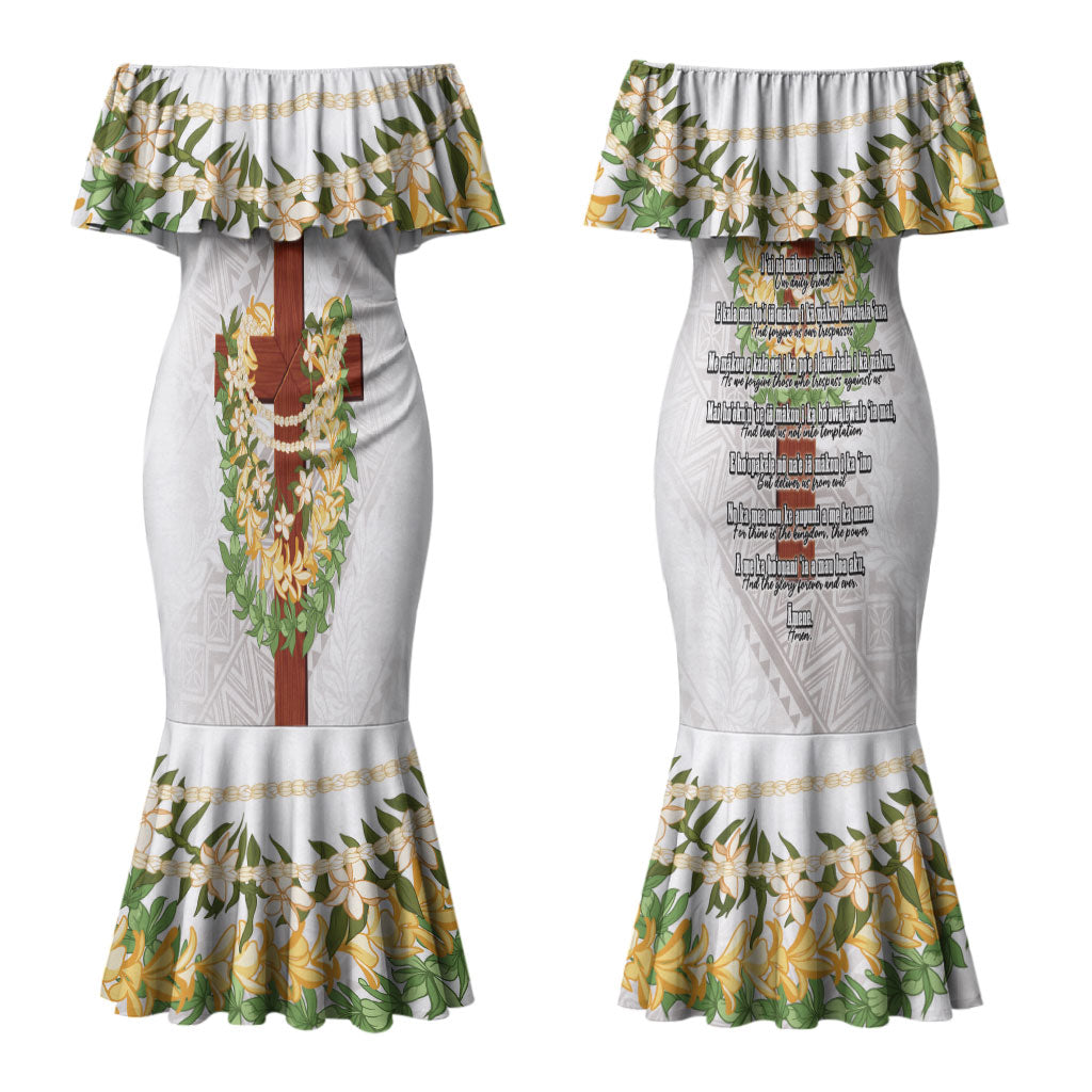 Hawaii Ka Pule a ka Haku Memorial Couples Matching Mermaid Dress and Hawaiian Shirt Flower Lei Cross - Ivory White LT7 - Polynesian Pride