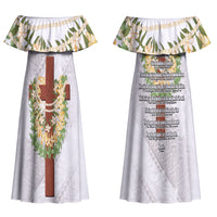 Hawaii Ka Pule a ka Haku Memorial Couples Matching Off Shoulder Maxi Dress and Hawaiian Shirt Flower Lei Cross - Ivory White LT7 - Polynesian Pride