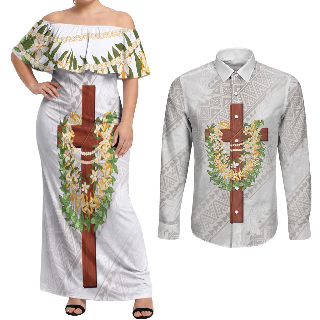 Hawaii Ka Pule a ka Haku Memorial Couples Matching Off Shoulder Maxi Dress and Long Sleeve Button Shirt Flower Lei Cross - Ivory White LT7 Ivory - Polynesian Pride