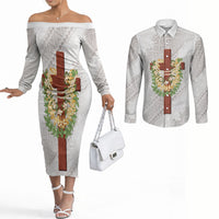 Hawaii Ka Pule a ka Haku Memorial Couples Matching Off The Shoulder Long Sleeve Dress and Long Sleeve Button Shirt Flower Lei Cross - Ivory White LT7 Ivory - Polynesian Pride