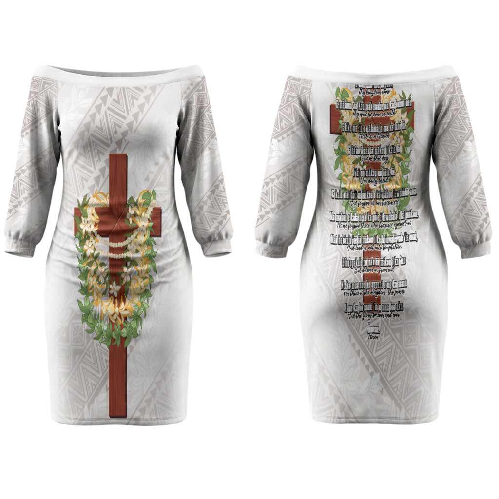 Hawaii Ka Pule a ka Haku Memorial Couples Matching Off The Shoulder Long Sleeve Dress and Long Sleeve Button Shirt Flower Lei Cross - Ivory White LT7 - Polynesian Pride