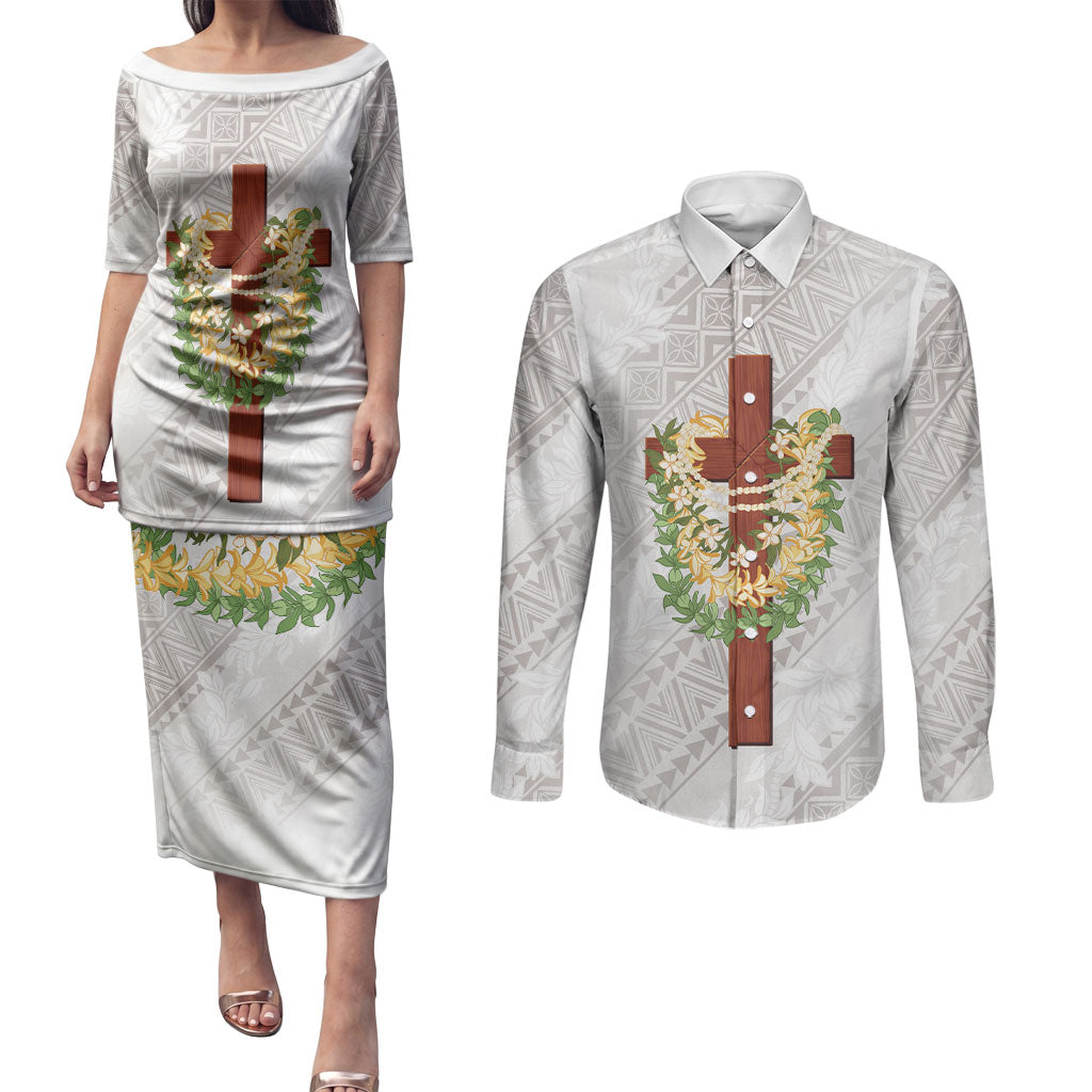 Hawaii Ka Pule a ka Haku Memorial Couples Matching Puletasi and Long Sleeve Button Shirt Flower Lei Cross - Ivory White LT7 Ivory - Polynesian Pride