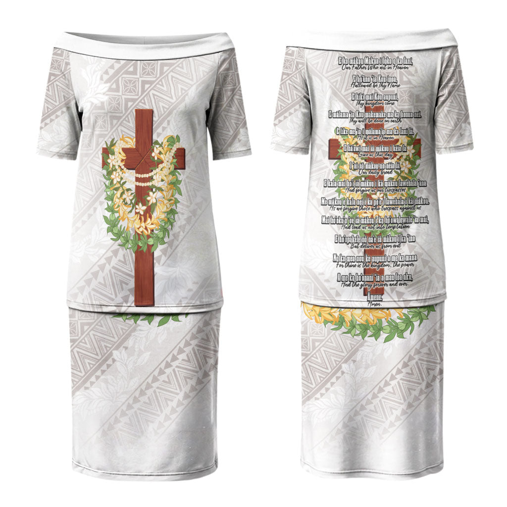 Hawaii Ka Pule a ka Haku Memorial Couples Matching Puletasi and Long Sleeve Button Shirt Flower Lei Cross - Ivory White LT7 - Polynesian Pride