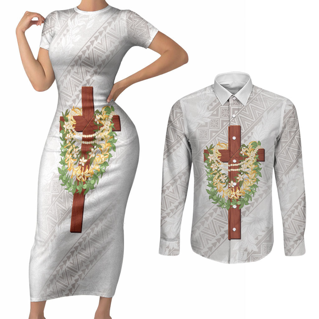 Hawaii Ka Pule a ka Haku Memorial Couples Matching Short Sleeve Bodycon Dress and Long Sleeve Button Shirt Flower Lei Cross - Ivory White LT7 Ivory - Polynesian Pride