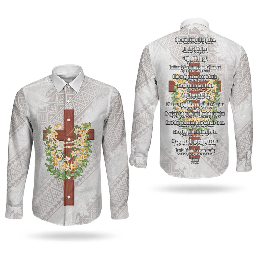 Hawaii Ka Pule a ka Haku Memorial Couples Matching Short Sleeve Bodycon Dress and Long Sleeve Button Shirt Flower Lei Cross - Ivory White LT7 - Polynesian Pride