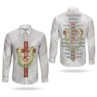 Hawaii Ka Pule a ka Haku Memorial Couples Matching Short Sleeve Bodycon Dress and Long Sleeve Button Shirt Flower Lei Cross - Ivory White LT7 - Polynesian Pride