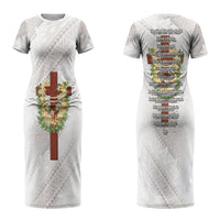 Hawaii Ka Pule a ka Haku Memorial Couples Matching Short Sleeve Bodycon Dress and Long Sleeve Button Shirt Flower Lei Cross - Ivory White LT7 - Polynesian Pride