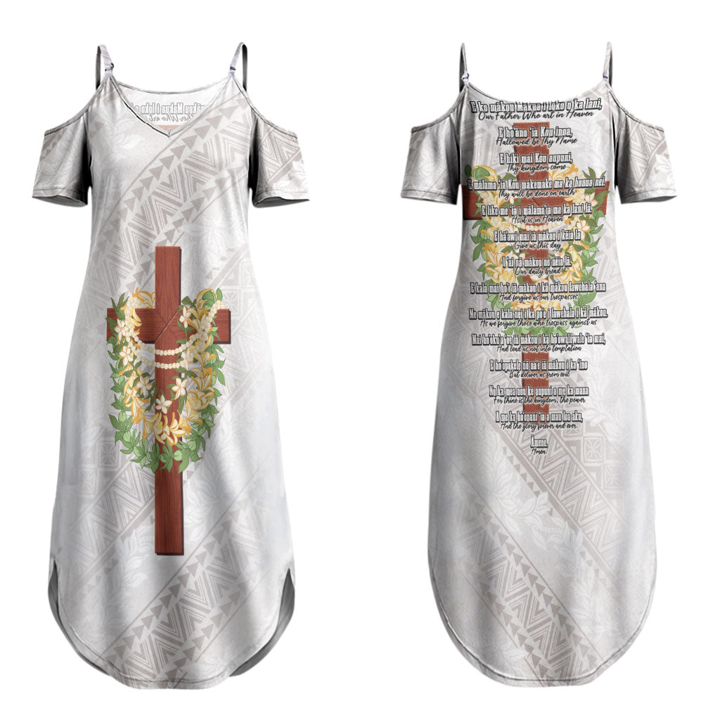 Hawaii Ka Pule a ka Haku Memorial Couples Matching Summer Maxi Dress and Hawaiian Shirt Flower Lei Cross - Ivory White LT7 - Polynesian Pride