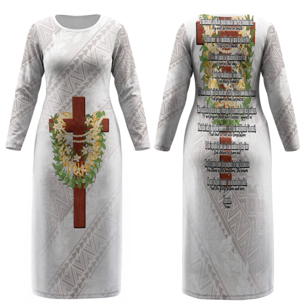 Hawaii Ka Pule a ka Haku Memorial Family Matching Long Sleeve Bodycon Dress and Hawaiian Shirt Flower Lei Cross - Ivory White LT7 Mom's Dress Ivory - Polynesian Pride