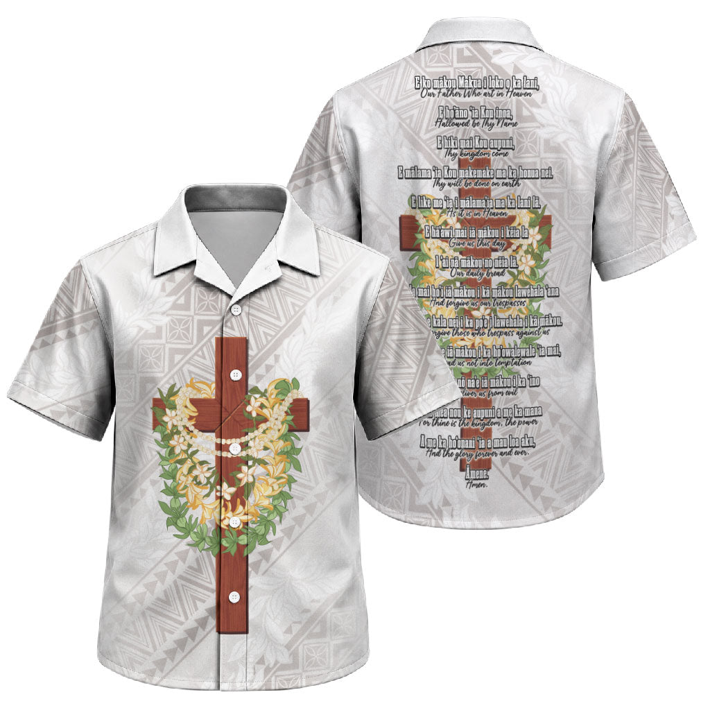 Hawaii Ka Pule a ka Haku Memorial Family Matching Long Sleeve Bodycon Dress and Hawaiian Shirt Flower Lei Cross - Ivory White LT7 Son's Shirt Ivory - Polynesian Pride