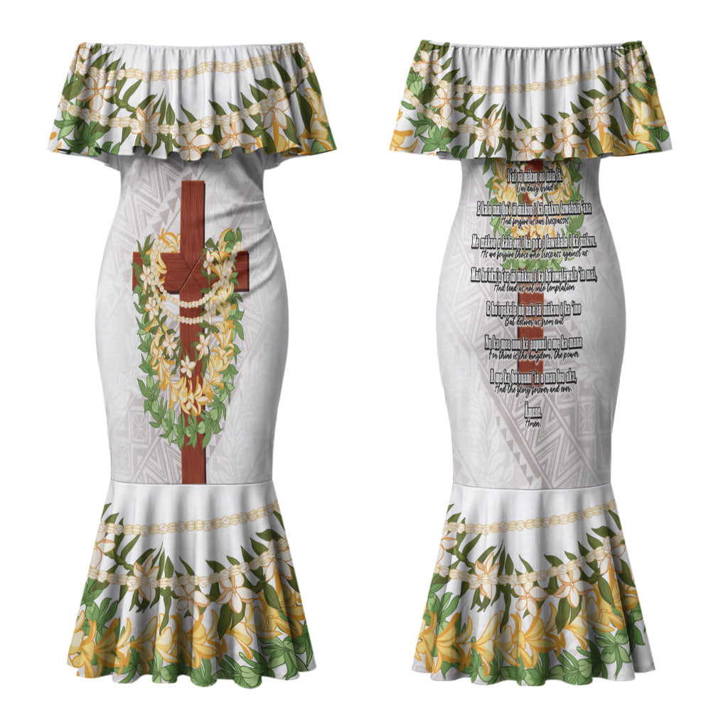 Hawaii Ka Pule a ka Haku Memorial Family Matching Mermaid Dress and Hawaiian Shirt Flower Lei Cross - Ivory White LT7 Mom's Dress Ivory - Polynesian Pride