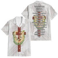 Hawaii Ka Pule a ka Haku Memorial Family Matching Off The Shoulder Long Sleeve Dress and Hawaiian Shirt Flower Lei Cross - Ivory White LT7 Dad's Shirt - Short Sleeve Ivory - Polynesian Pride
