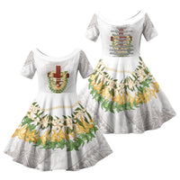 Hawaii Ka Pule a ka Haku Memorial Family Matching Off The Shoulder Long Sleeve Dress and Hawaiian Shirt Flower Lei Cross - Ivory White LT7 Daughter's Dress Ivory - Polynesian Pride