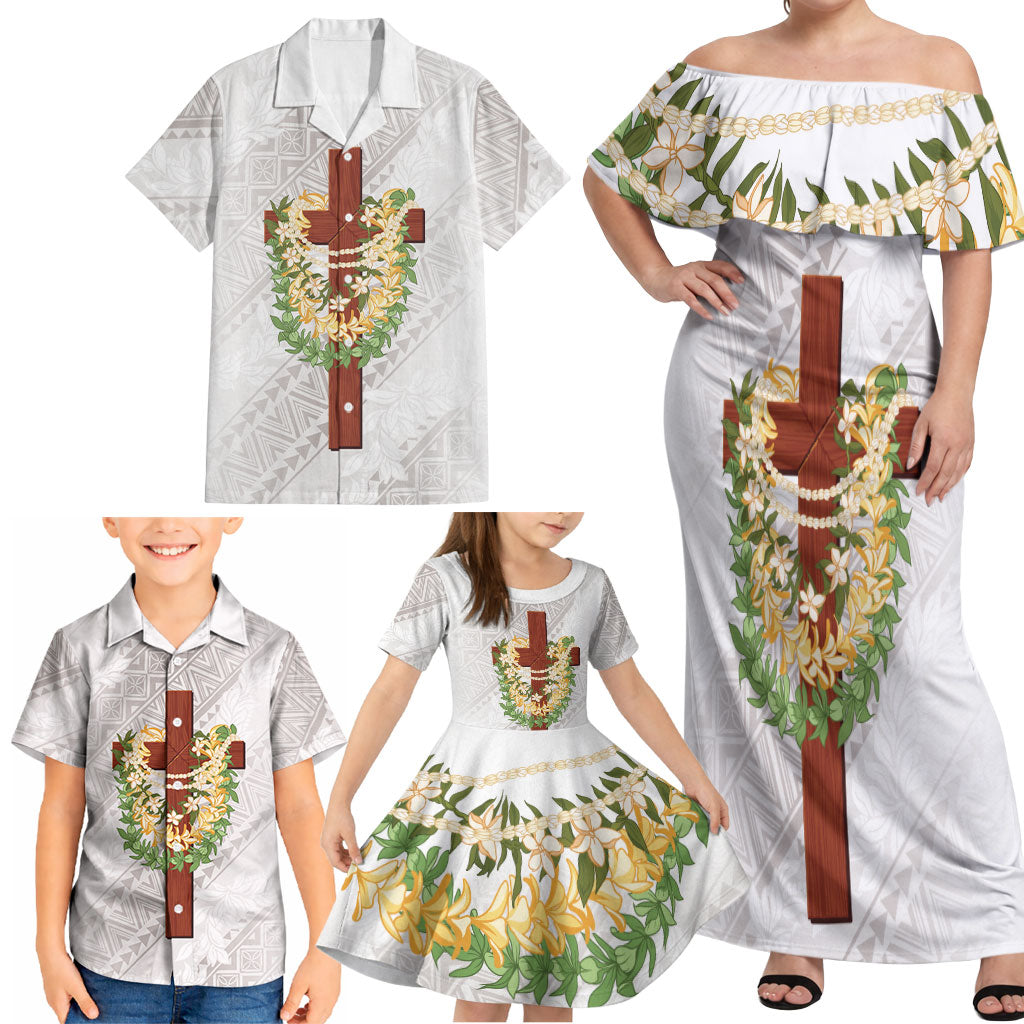 Hawaii Ka Pule a ka Haku Memorial Family Matching Off Shoulder Maxi Dress and Hawaiian Shirt Flower Lei Cross - Ivory White LT7 - Polynesian Pride